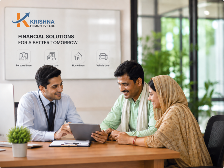 Financial advisor presenting loan solutions on tablet to a couple in office